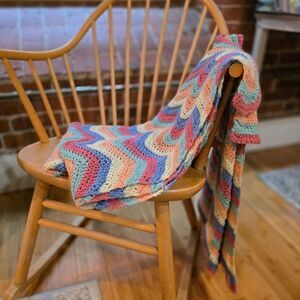 Vintage Chunky Knit Afghan Chevron Crochet Blanket Pastel Colorful 75"x58"